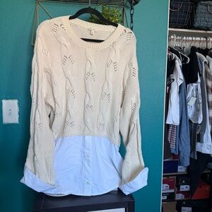 Anthropologie Pilcro Twofer Cream Sweater with White Button down Layered Design